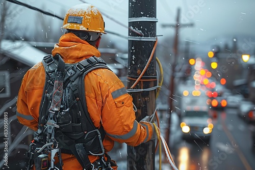 Utility Worker Repairing Power Lines in Snow photo