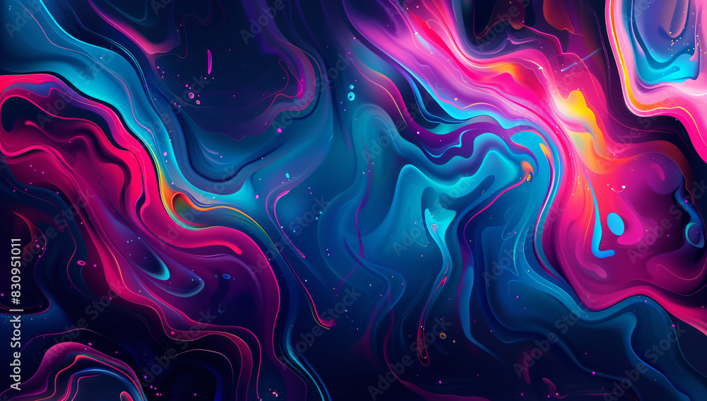 Colorful abstract background with colorful fluid shapes and liquid splashes on a dark black purple background.