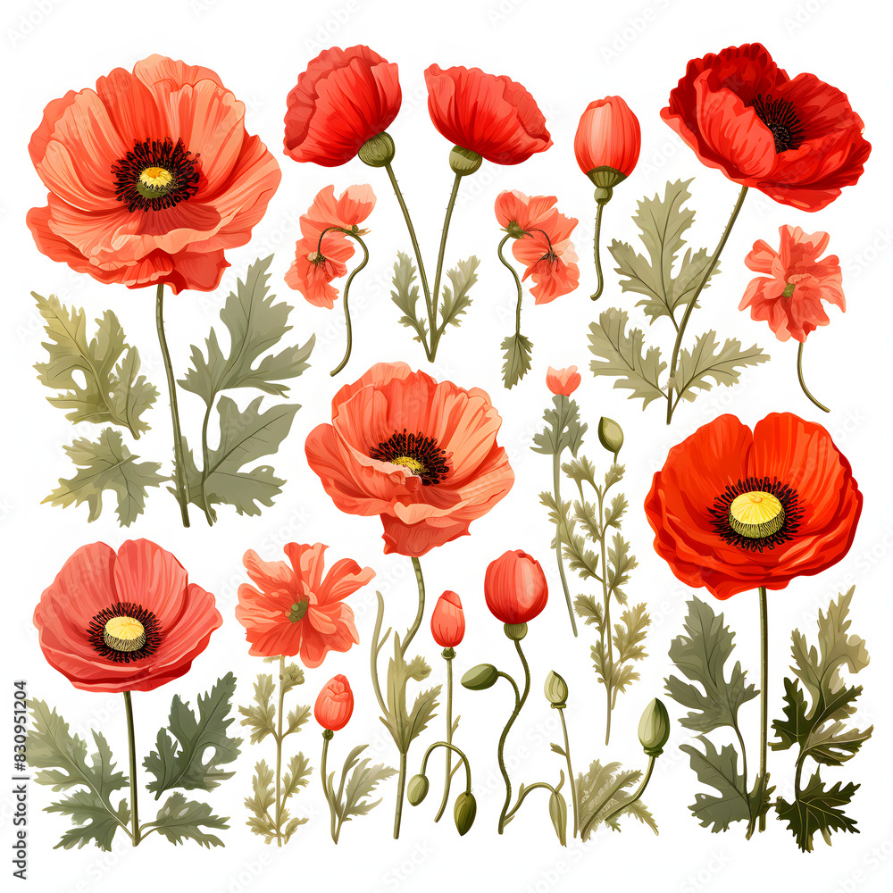 set of Poppy, plants, leaves and flowers. illustrations of beautiful realistic flowers for background, pattern or wedding invitations set of Poppy, plants, leaves and flowers. illustrations of beautiful realistic flowers for background, pattern or wedding invitations