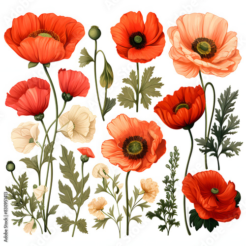 set of Poppy  plants  leaves and flowers. illustrations of beautiful realistic flowers for background  pattern or wedding invitations