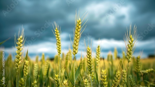 Green wheat set against a cloudy sky