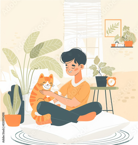 Boy hugging cat pet. Take care about pet. Love cats