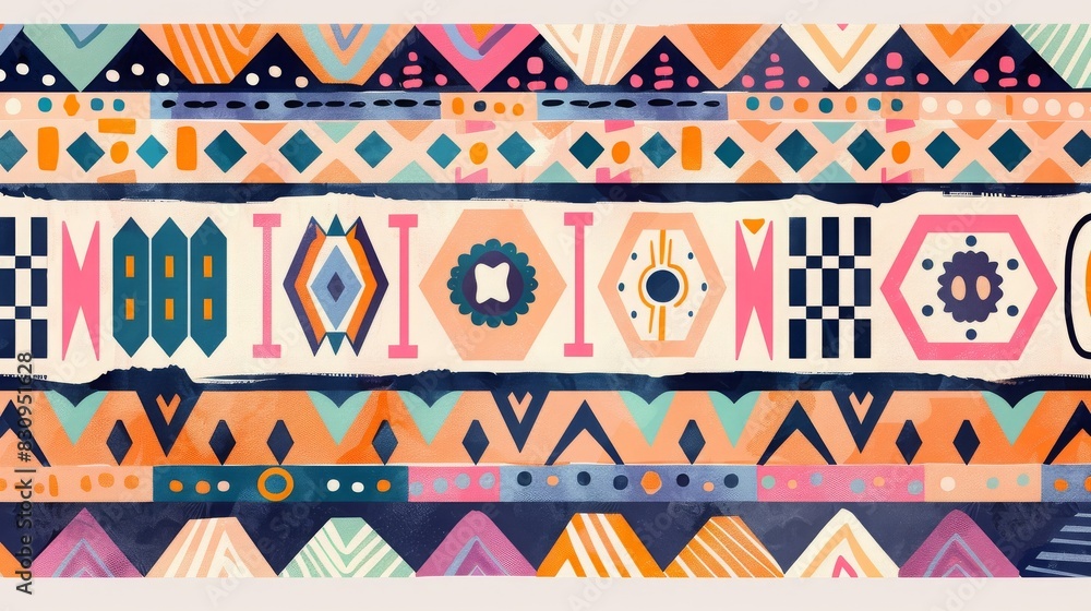 Colorful geometric pattern with ethnic and tribal motifs. Perfect for textile design, backgrounds, and graphic design projects. Vibrant and eye-catching. Colorful geometric pattern with ethnic and tribal motifs. Perfect for textile design, backgrounds, and graphic design projects. Vibrant and eye-catching.