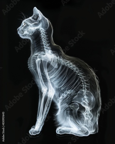 Cat skeleton posed atop black background, in X-ray style