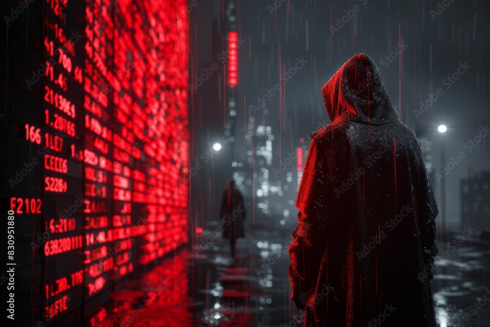 A shadowy figure clothed in a hooded jacket stands before a wall of red digital data in a rain-drenched urban setting A shadowy figure clothed in a hooded jacket stands before a wall of red digital data in a rain-drenched urban setting