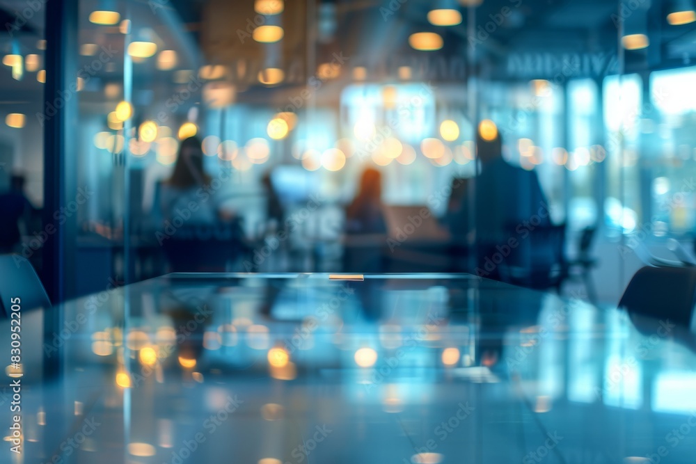 A detailed image with a blurry modern office environment, focusing on the reflective table surface A detailed image with a blurry modern office environment, focusing on the reflective table surface