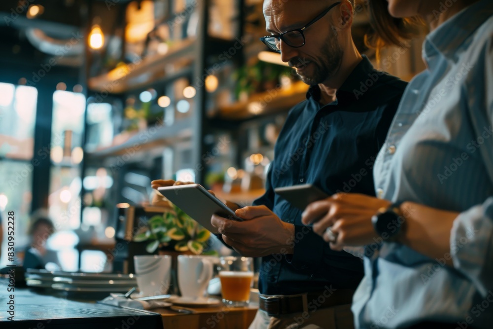 Image depicting two individuals, one with a blurred out face, using a tablet in a coffee shop Image depicting two individuals, one with a blurred out face, using a tablet in a coffee shop