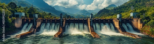 A detailed image of a hydroelectric dam with water flowing powerfully through turbines, surrounded by lush greenery and mountains, with copy space. photo