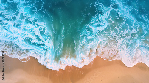Aerial top view of sandy beach with waves and surf in the tropical ocean. Summer background,