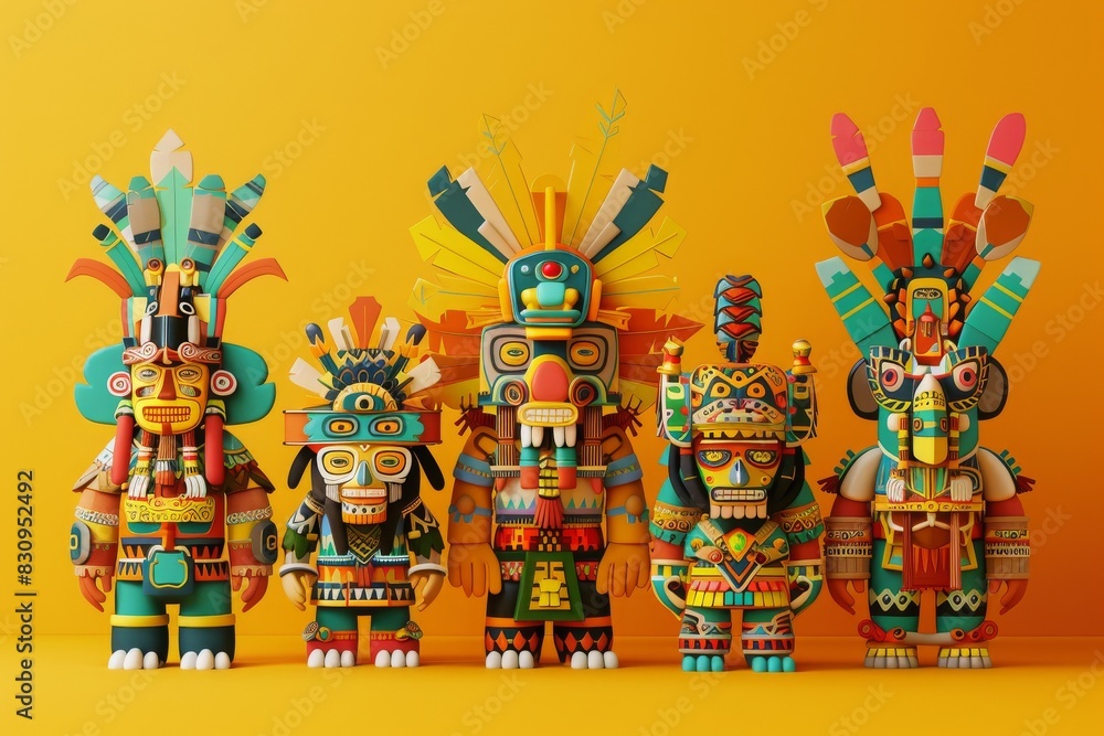 Naklejka premium Colorful traditional Aztec figurines arranged in a line against a vibrant yellow background, showcasing intricate designs and cultural artistry.