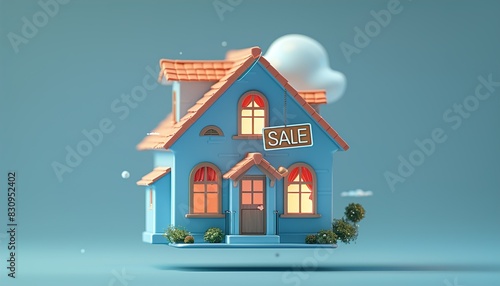 Wallpaper Mural 3d house sale icon. Cute blue home with percent discount tag floating on blue background Torontodigital.ca