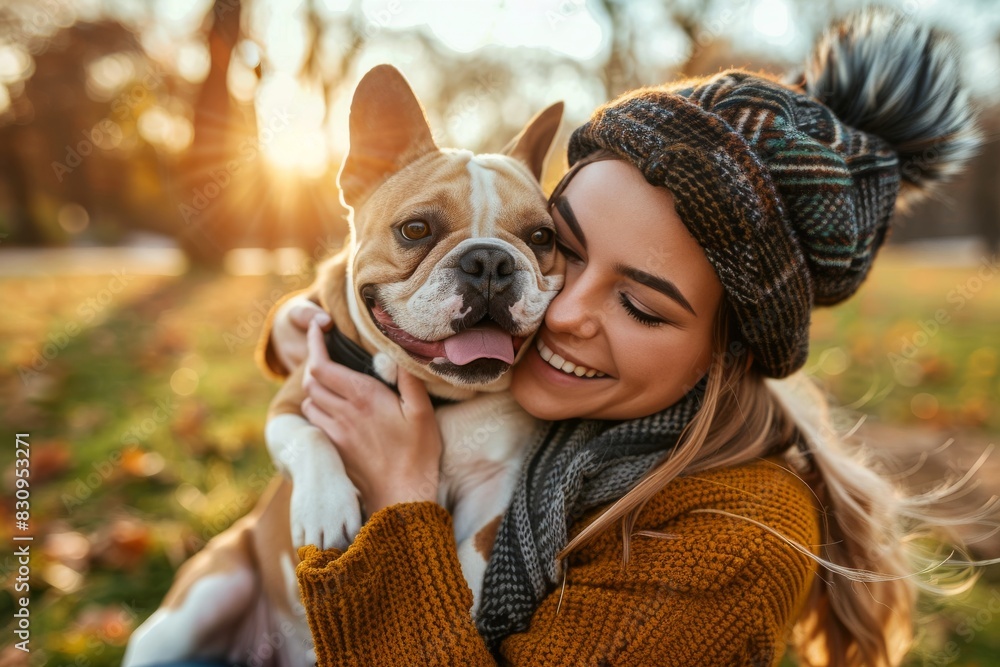 Obraz premium A woman in winter clothing enchants with her smile while cuddling her French bulldog in the park