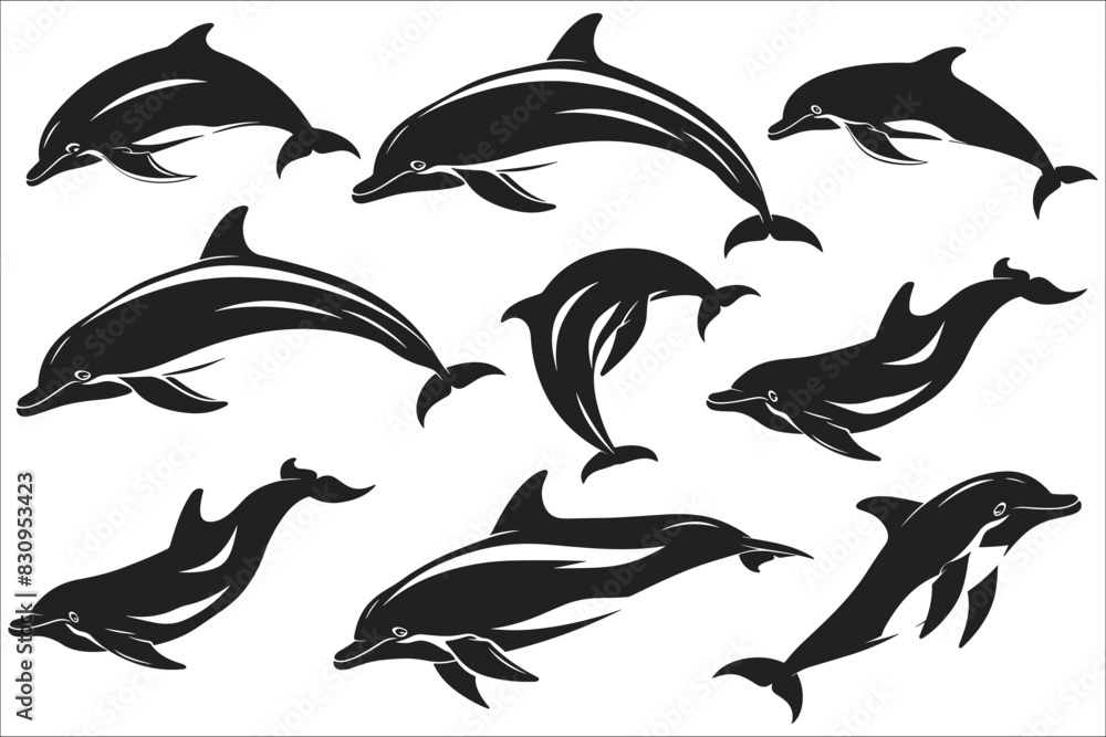 Naklejka premium Set of black silhouette of dolphin, Silhouettes of fish, Dolphin jump from the water, Black silhouettes of dolphin, Dolphin, Element, Ocean, Jumping, Animal, Abstract, Aquarium, Fish, Illustration