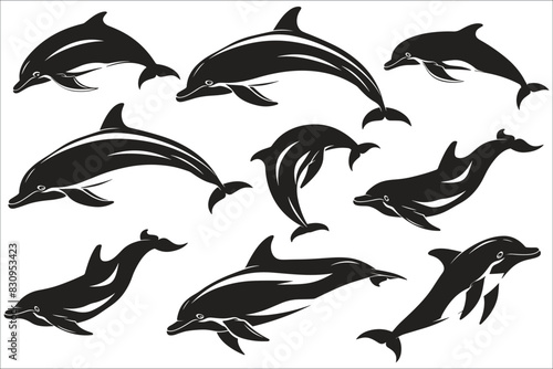 Set of black silhouette of dolphin, Silhouettes of fish, Dolphin jump from the water, Black silhouettes of dolphin, Dolphin, Element, Ocean, Jumping, Animal, Abstract, Aquarium, Fish, Illustration