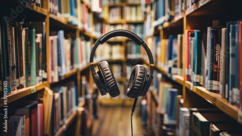 A pair of headphones is sitting on a shelf in a library photo