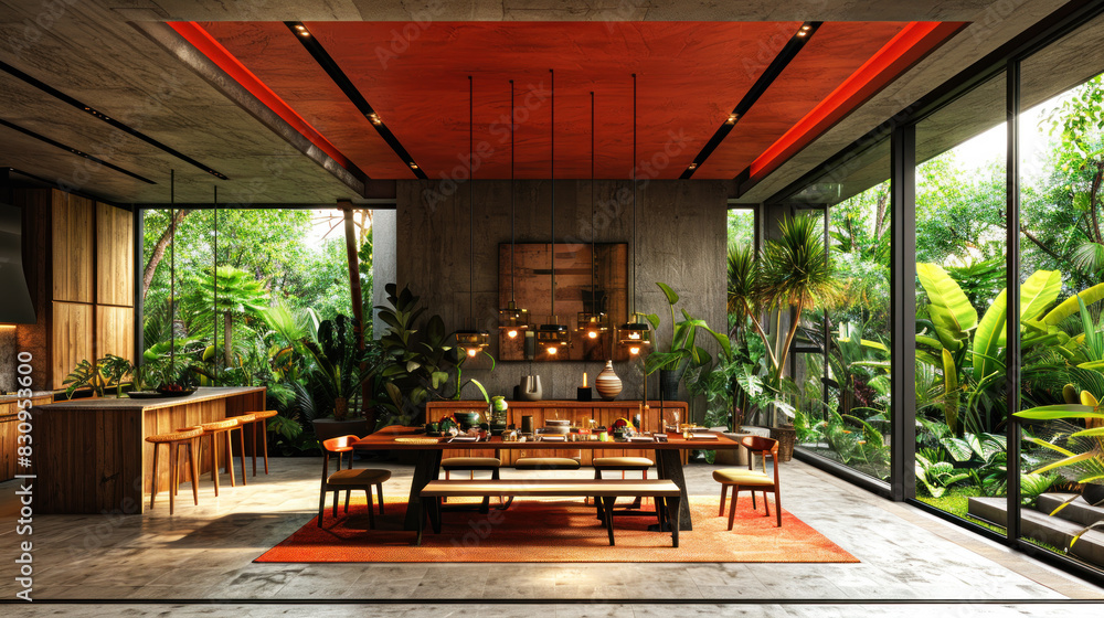 Fototapeta premium Natural red shade dining room of a house resort by lush jungle