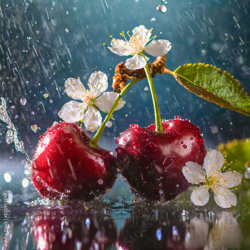 Illustration of delicious cherries decorated with cherry blossoms and splashes of water, reflecting on the surface. Generative AI photo