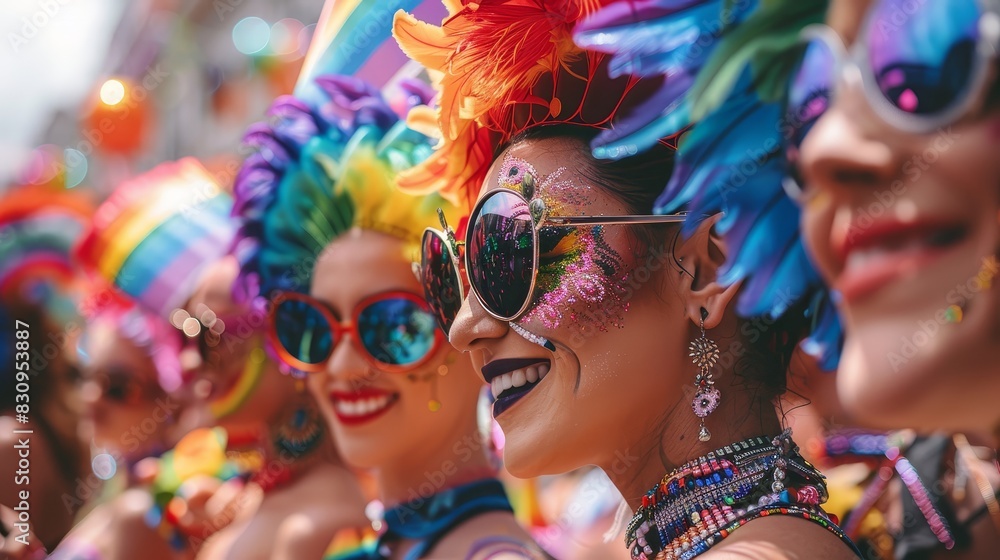 Colorful pride parade participants smiling - Group of individuals adorned in colorful costumes and makeup smiling at a pride parade, embodying cheer and liberty Colorful pride parade participants smiling - Group of individuals adorned in colorful costumes and makeup smiling at a pride parade, embodying cheer and liberty