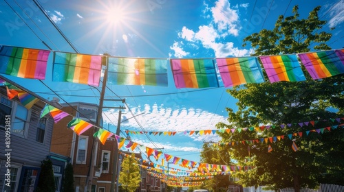 Rainbow bunting hanging across a street, sunny day, copy space, community event, LGBT pride, festive atmosphere, bright colors, neighborhood celebration, love and diversity.