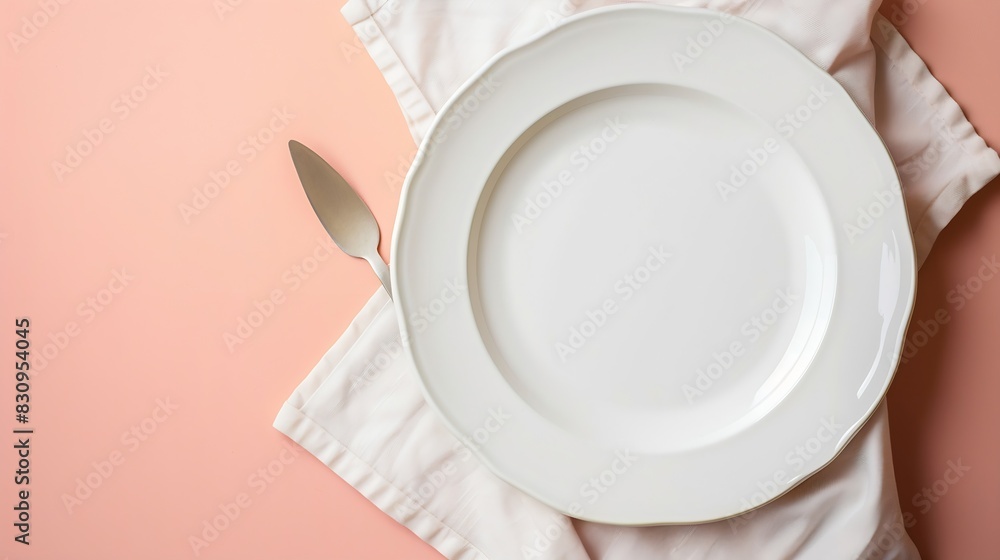 Top view on colored background empty round white plate on tablecloth for food Empty dish on napkin with space for your design : Generative AI Top view on colored background empty round white plate on tablecloth for food Empty dish on napkin with space for your design : Generative AI