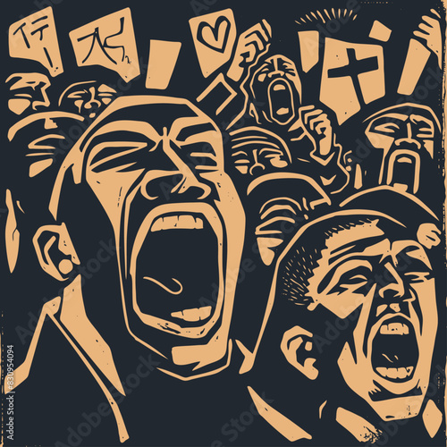 Protesting crowd. People protest and shout slogans, vector illustration	