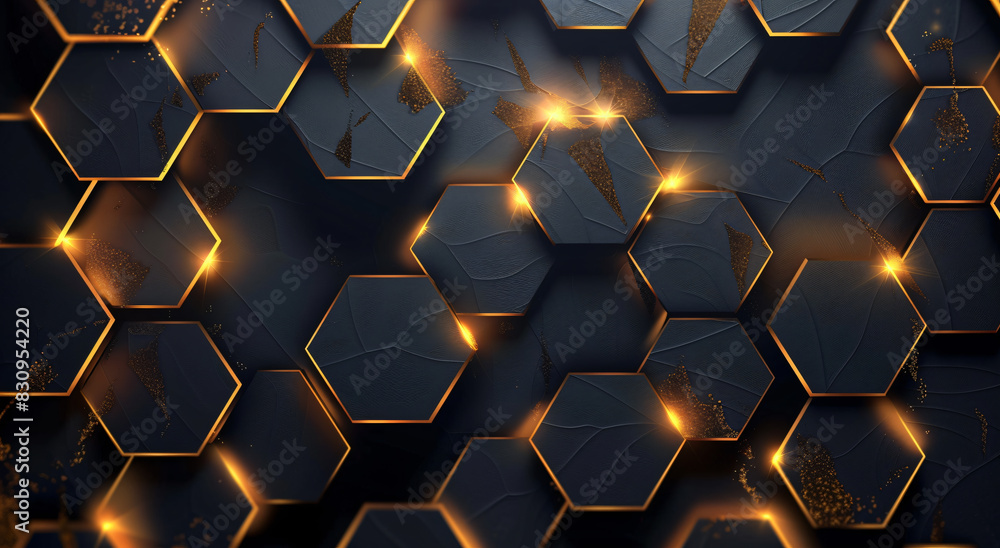 Abstract black background with golden geometric hexagon pattern and glitter, luxury wallpaper design Abstract black background with golden geometric hexagon pattern and glitter, luxury wallpaper design