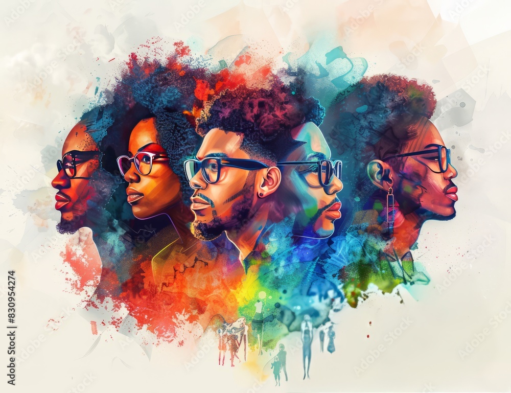 Black History Month colorful abstract illustration of Diverse representations of African American across different fields