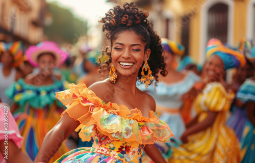 a beautiful woman dancing in the middle, dressed in a colorful frilly dress and big earrings, surrounded by people wearing vibrant costumes and celebrating carnival