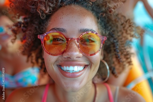 Radiant woman with curly hair and colorful sunglasses giving a big smile at a sunny beach
