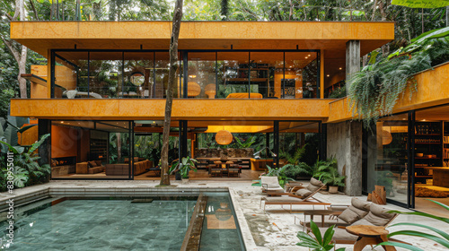 Natural yellow shade dining room of a house resort by lush jungle