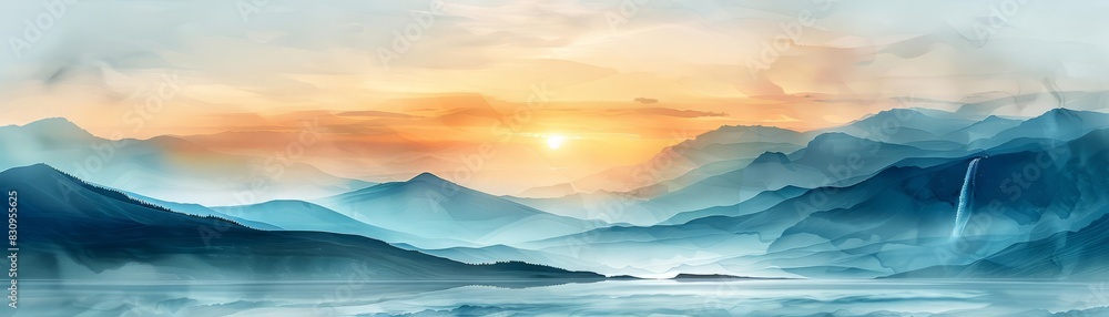 tranquil valley and mountain sunrise concentrate on, double exposure, copy space, and close up of a waterfall silhouette tranquil valley and mountain sunrise concentrate on, double exposure, copy space, and close up of a waterfall silhouette