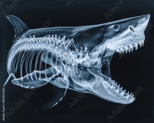 A mesmerizing x-ray of a megalodon skeleton with its jaw wide open in a hauntingly beautiful display