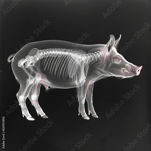 Pig skeleton illuminated in X-ray style on a dark background