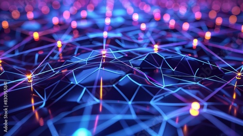 Abstract 3D rendering of a digital network with glowing nodes, representing futuristic technology and data connectivity. photo