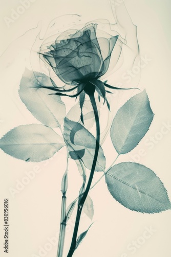 A haunting x-ray-style image of a single rose with thorns in black and white