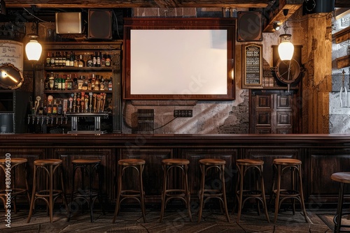 Vintage Pub Interior with Wooden Bar Counter and Blank Screen