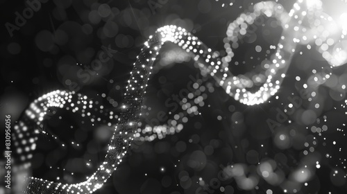 Abstract black and white visualization of a DNA strand with glowing particles  representing genetic research and biotechnology.