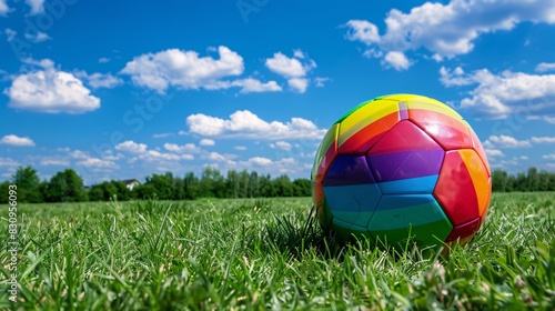 A colorful soccer ball with rainbow stripes sits on the lush green grass of an open field under a blue sky  ready for action. This vibrant scene captures energy and excitement as it stands out