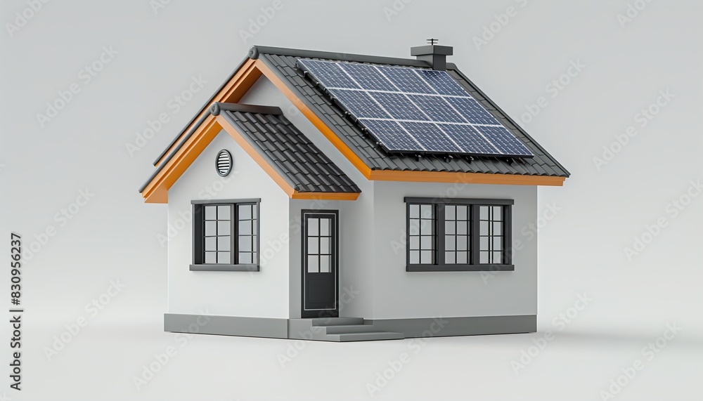 3d illustration of small house icon with solar panels on the roof 3d illustration of small house icon with solar panels on the roof