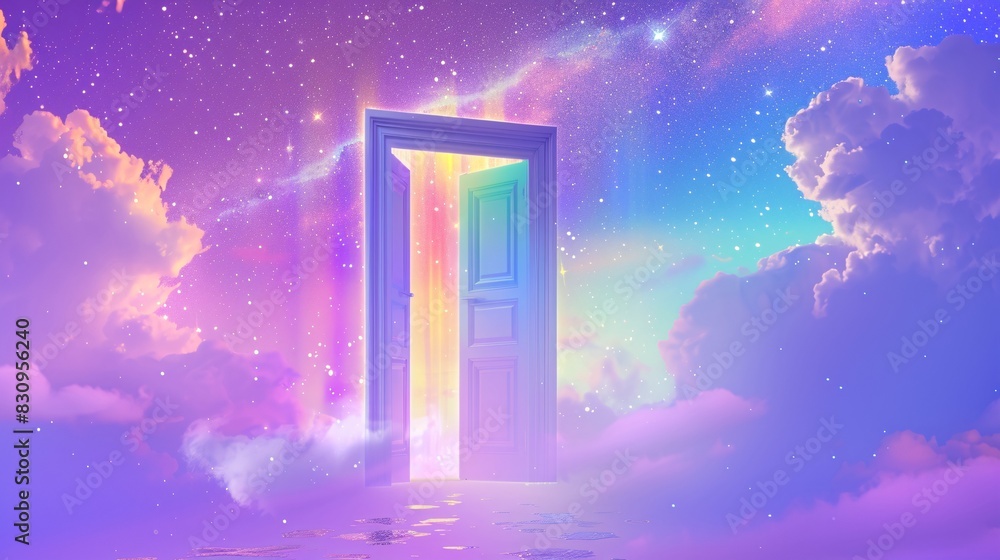A door in the sky with rainbow light shining through, surrounded by clouds and stars. The background is a purple gradient. There is an open white wooden door on one side of it, and there is another