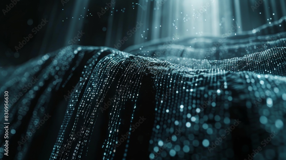 Abstract digital landscape with flowing particles and data points, resembling a wave of information in a futuristic design. Abstract digital landscape with flowing particles and data points, resembling a wave of information in a futuristic design.