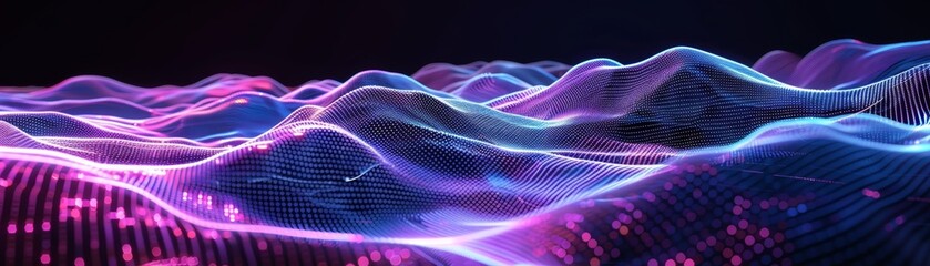 Papier peint photo Prune Abstract digital landscape with neon lights, showcasing futuristic technology and vibrant colors, perfect for tech and innovation themes.  © Rattanathip