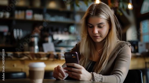 Pretty blonde woman sitting at a cafe using smartphone Cute girl in a coffee shop reading something in her mobile phone   Generative AI