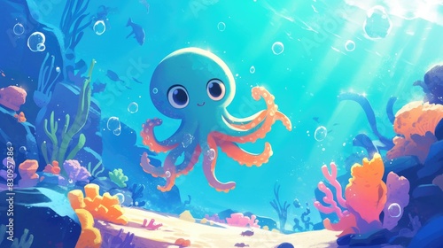 An adorable cartoon icon of a lively octopus set against a sea life backdrop stands out in solitude