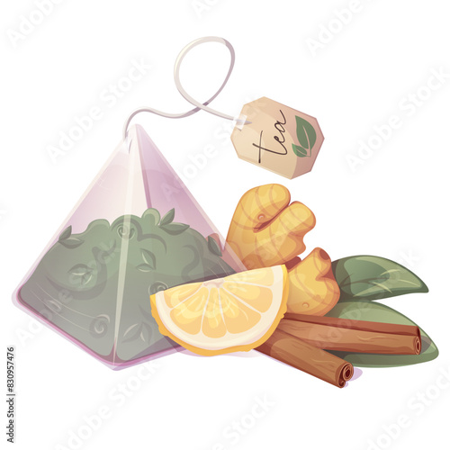 Pyramid tea bag with green loose tea with lemon,ginger,cinnamon. Illustration for tea shop, cafe, bar, party, tea ceremony, food concept. Vector illustration for  menu, poster, website, banner, flyer