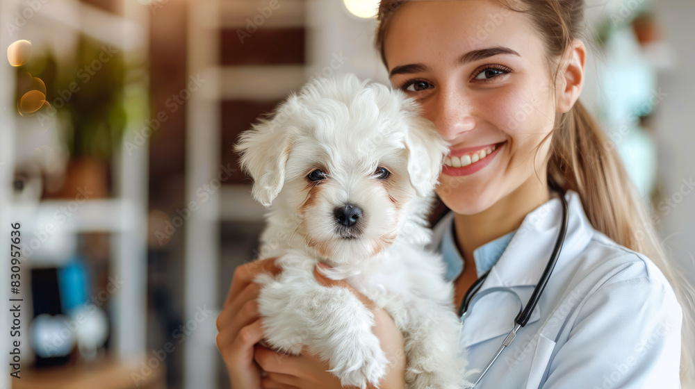Beautiful young caucasian veterinarian woman with stethoscope smiling and holding cute white Bichon Frize dog in veterinary. Copy space. Vet doctor holding puppy during examination in clinic. Beautiful young caucasian veterinarian woman with stethoscope smiling and holding cute white Bichon Frize dog in veterinary. Copy space. Vet doctor holding puppy during examination in clinic.