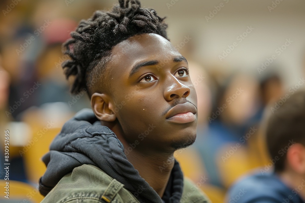 A young man with dreadlocks is sitting in a classroom. He is looking at the camera with a serious expression A young man with dreadlocks is sitting in a classroom. He is looking at the camera with a serious expression