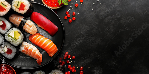 Japanese food. Perfect, fresh, delicious sushi on a copy space colorful background. Traditional Japanese Sushi set with sashimi and sushi rolls. 