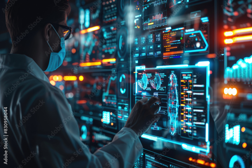 High-tech holographic display transforming clinical data into user-friendly visuals. Close-up highlighting advanced technology and medical research. High-tech holographic display transforming clinical data into user-friendly visuals. Close-up highlighting advanced technology and medical research.