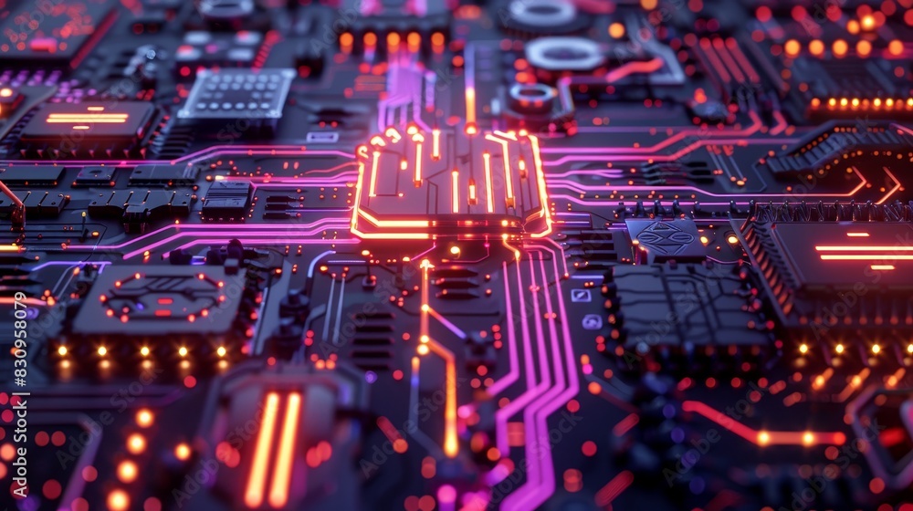 Obraz premium Close-up of a colorful neon-lit motherboard, showcasing intricate circuits and components at the heart of modern technology.